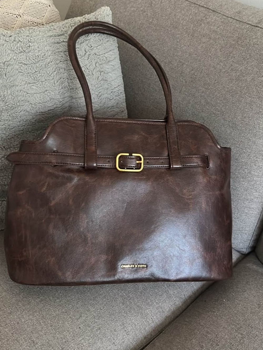 Charles & Keith Brown Leather Tote with Gold Buckle